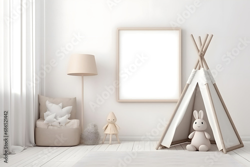 Frame mockup in white cozy children room interior background 3d rendering. generative ai.