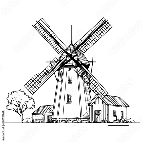Old windmill and field with haystacks Hand-drawn sketch of a windmill with a transparent background vector illustration
