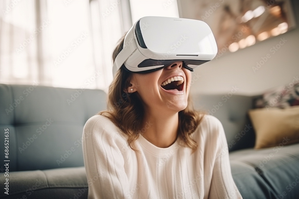 Happy joyful woman wearing VR glasses to play games, watch video on comfy white living room. Happy Laughing young woman using virtual reality glasses at home. Generative AI.