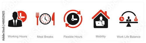A set of 5 Employee Benefits icons as working hours, meal breaks, flexible hours