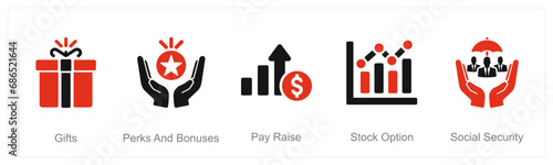 A set of 5 Employee Benefits icons as gifts, perks and bounses, pay raise