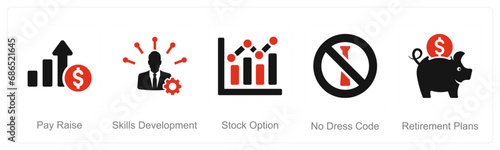 A set of 5 Employee Benefits icons as pay raise, skills developmen, stock option