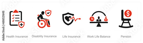 A set of 5 Employee Benefits icons as health insurance, disability insurance, life insurance