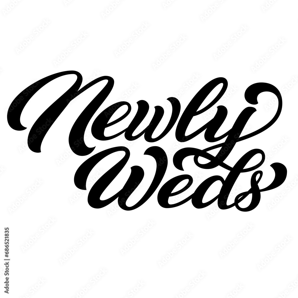 Newlyweds hand lettering, black ink brush calligraphy isolated on white background.	