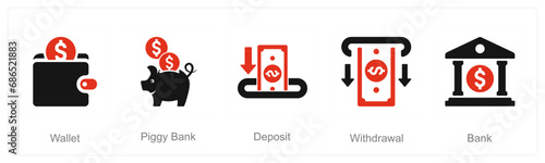 A set of 5 Finance icons as wallet, piggy bank, deposit