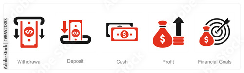 A set of 5 Finance icons as withdrawal, deposit, cash