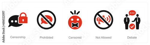 A set of 5 Freedom of Speech icons as censorship, prohibited, censored