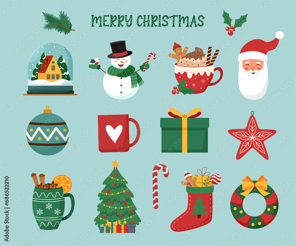 Set of Christmas objects isolated on blue background. Christmas elements. Set of Christmas objects isolated on blue background. Christmas elements.