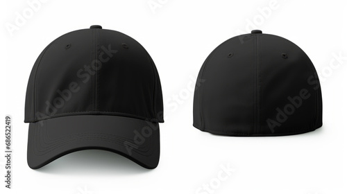 Front and back view of black cap on white background photo