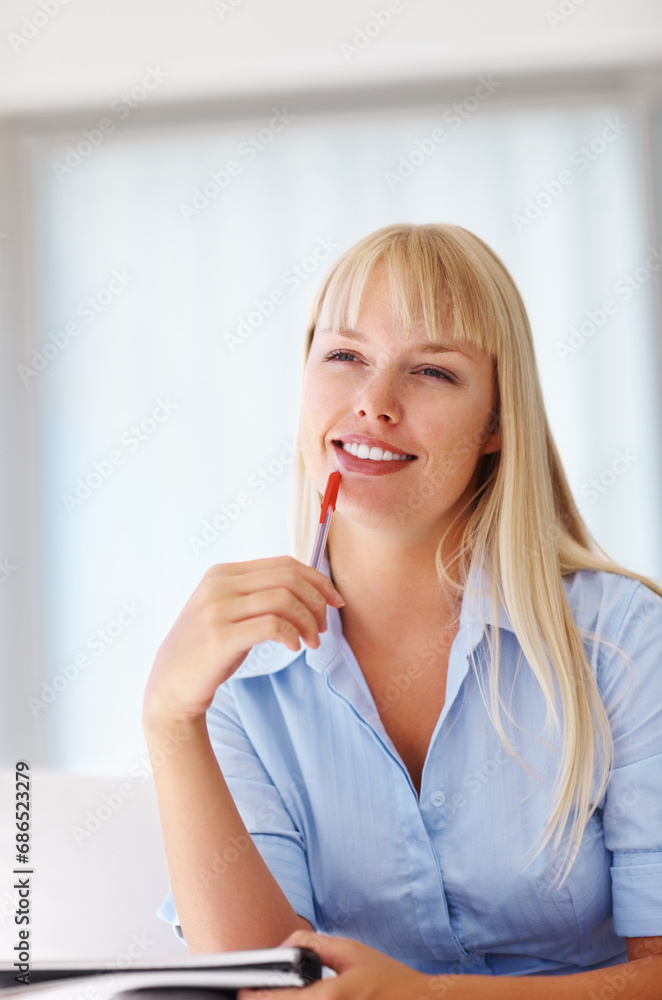 Thinking, strategy and business woman on a sofa in an office with a vision of future company growth. Idea, planning or mindset and a happy young employee with documents in the workplace lounge Thinking, strategy and business woman on a sofa in an office with a vision of future company growth. Idea, planning or mindset and a happy young employee with documents in the workplace lounge
