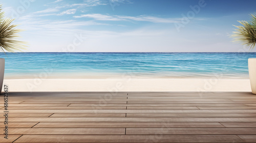 Wooden floor with infinity pool on beach