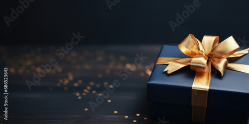 Blue gift box with golden ribbon bow. Elegant dark blue present box with golden bow on a black background, copy space. Background for greeting card for Birthday, Christmas, New Year, Anniversary photo