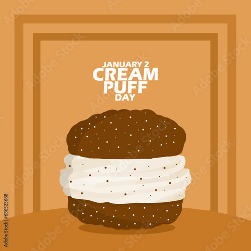 National Cream Puff Day event banner. Delicious cake with cream filling, with bold text and frame on table to celebrate on January 2