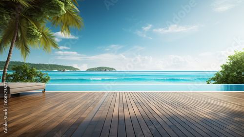 Wooden floor with infinity pool on beach © Natia