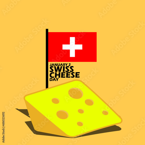 Swiss Cheese Day event banner. A slices of Swiss cheese with its characteristic holes on table with a Switzerland flag and bold text to celebrate on January 2