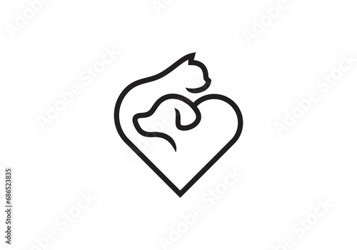 dog and cat logo design. love pet care white linear style concept element symbol vector illustration.	