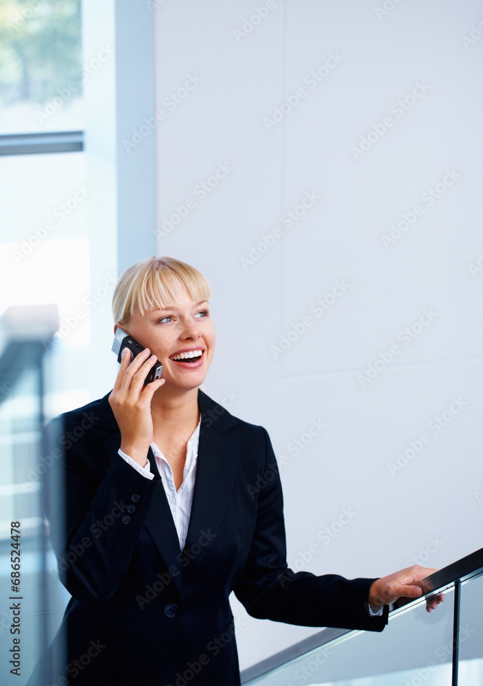 Corporate smartphone call, stairs and happy woman discussion, negotiation or consultation with mobile user. Phone communication, smile and indoor sales agent talking, speaking or chat with contact Corporate smartphone call, stairs and happy woman discussion, negotiation or consultation with mobile user. Phone communication, smile and indoor sales agent talking, speaking or chat with contact