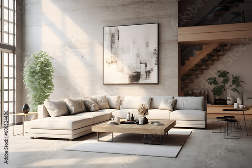 Home mockup, living room loft 3d rendering. generative ai. © raza