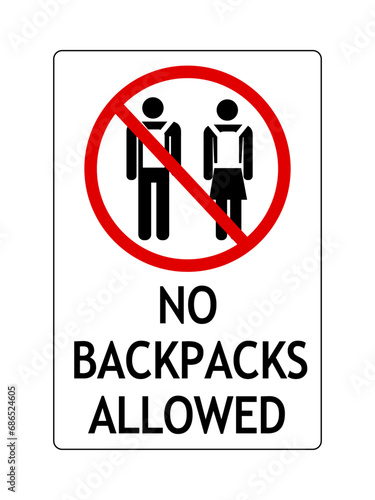 No backpacks allowed. Ban sign with silhouettes of man and woman wearing backpacks. Text below.