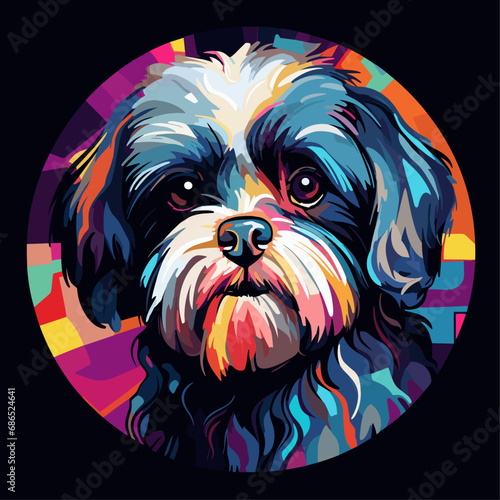 Vector Art of a Shih Tzu Dog Cubist Style Inside a Circular Frame on a Black Background