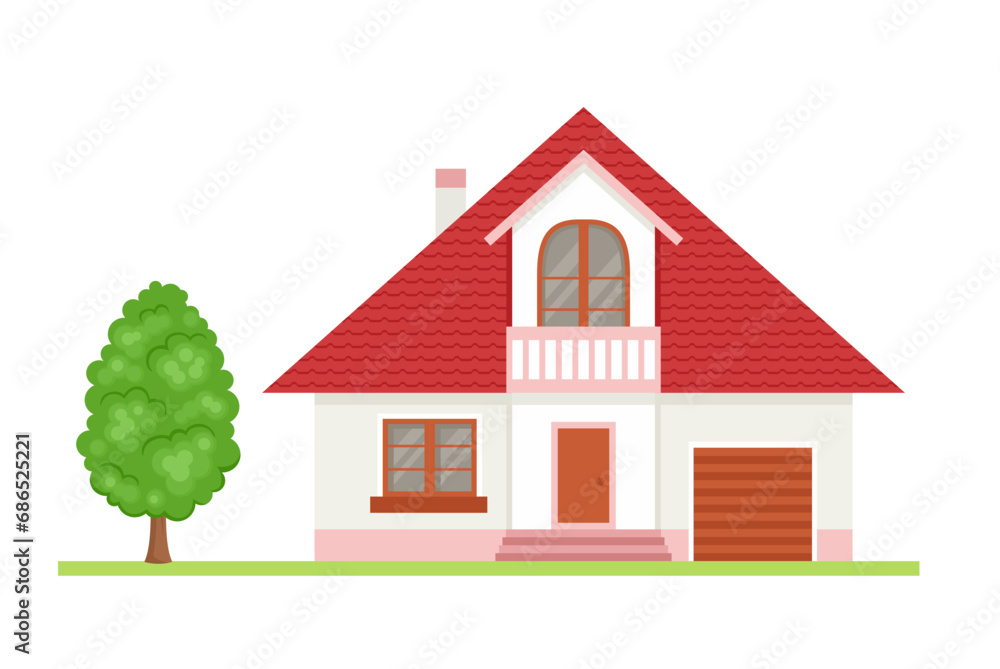 White house with red roof Isolated on white background. Vector illustration of cottage and green tree. Flat style. White house with red roof Isolated on white background. Vector illustration of cottage and green tree. Flat style.