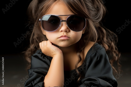 Little glamorous girl in sunglasses posing and looking at the camera, studio background, close-up.