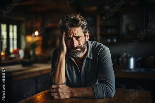 Depressed business man sitting at the table and suffering from overwork and stress