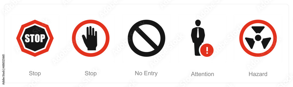 Obraz premium A set of 5 Hazard Danger icons as stop, no entry, attention