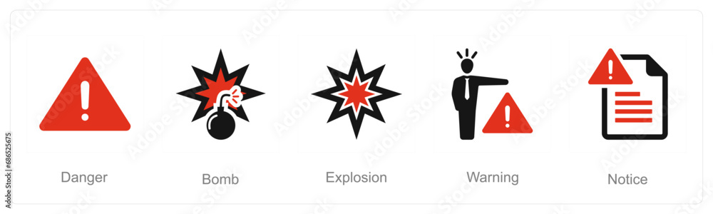 A set of 5 Hazard Danger icons as danger, bomb, explosion A set of 5 Hazard Danger icons as danger, bomb, explosion