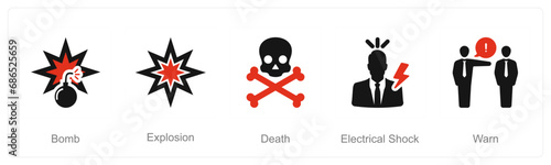 A set of 5 Hazard Danger icons as bomb, explosion, death, electrical shock