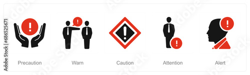 A set of 5 Hazard Danger icons as precaution, warn, caution