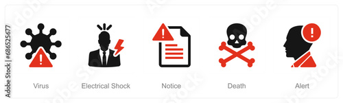 A set of 5 Hazard Danger icons as virus, electrical shock, notice