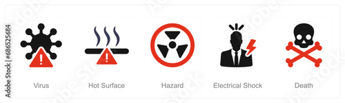 A set of 5 Hazard Danger icons as virus, hot surface, hazard