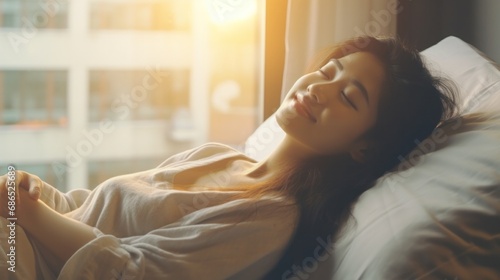 Simple lifestyle, Asian woman wakes up from good sleep on weekend morning, takes some rest, relax in comfortable bedroom at hotel window, happy lazy day, comfortable, dreaming
 photo