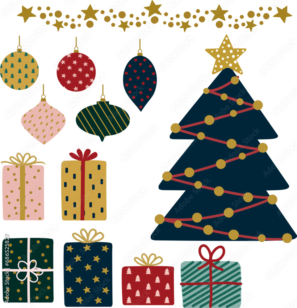 christmas tree present boxes star border hanging ball elements vector illustration for invitation greeting birthday party celebration wedding card poster banner textiles wallpaper background christmas tree present boxes star border hanging ball elements vector illustration for invitation greeting birthday party celebration wedding card poster banner textiles wallpaper background