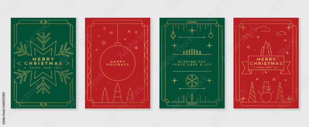 Luxury christmas invitation card art deco design vector. Christmas tree, bauble ball, snowflake, snowman line art on green and red background. Design illustration for cover, poster, wallpaper. Luxury christmas invitation card art deco design vector. Christmas tree, bauble ball, snowflake, snowman line art on green and red background. Design illustration for cover, poster, wallpaper.