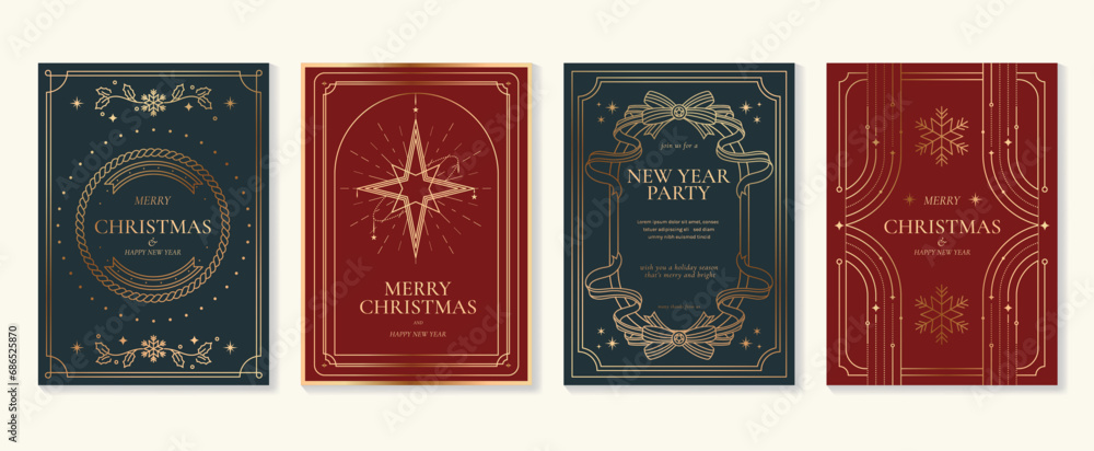 Luxury christmas invitation card art deco design vector. Christmas holly sprig, snowflake, firework, star line art on blue and red background. Design illustration for cover, poster, wallpaper. Luxury christmas invitation card art deco design vector. Christmas holly sprig, snowflake, firework, star line art on blue and red background. Design illustration for cover, poster, wallpaper.