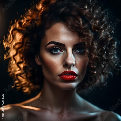 Portrait of a beautiful Caucasian white woman with pale skin and red curly hair with a very serious expression on her face