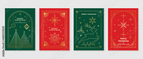 Luxury christmas invitation card art deco design vector. Christmas tree, bauble ball, snowflake, reindeer line art on green and red background. Design illustration for cover, poster, wallpaper.