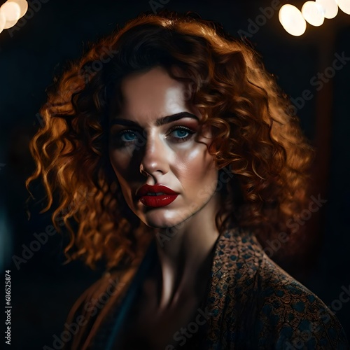 A beautiful Caucasian white woman with pale skin and red curly hair with a very serious expression on her face