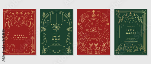 Luxury christmas invitation card art deco design vector. Christmas tree, bauble ball, snowman, reindeer, bell line art on green and red background. Design illustration for cover, poster, wallpaper.