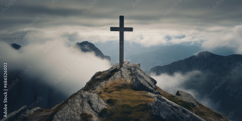 Cross on a mountain in ethereal clouds Cross on a mountain in ethereal clouds