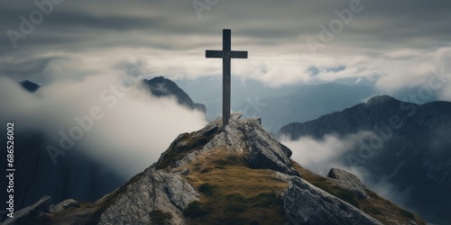 Cross on a mountain in ethereal clouds © ParinApril