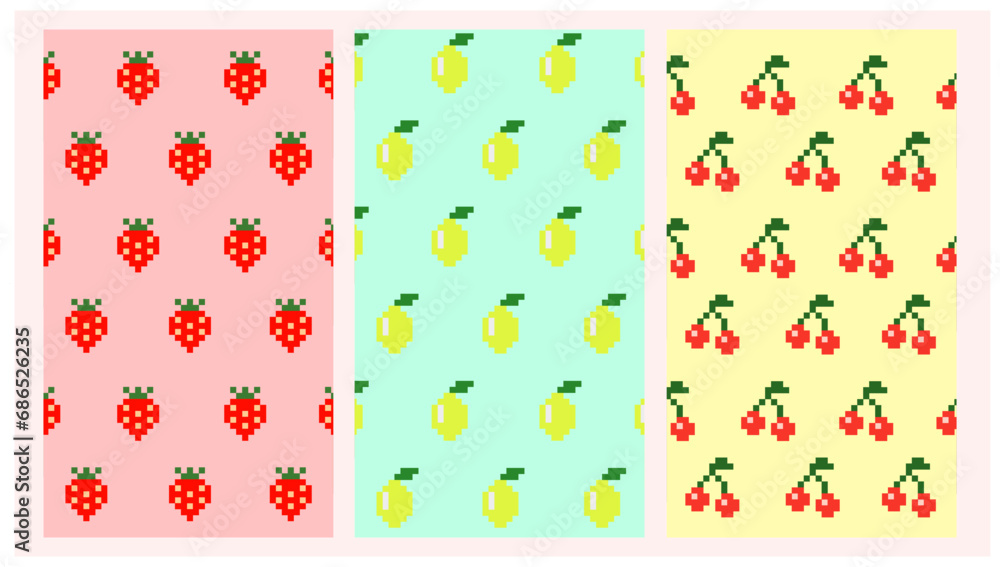 Set of pixel art fruits cherry, lemon, strawberry, for kitchen breakfast lunch dinner cooking background