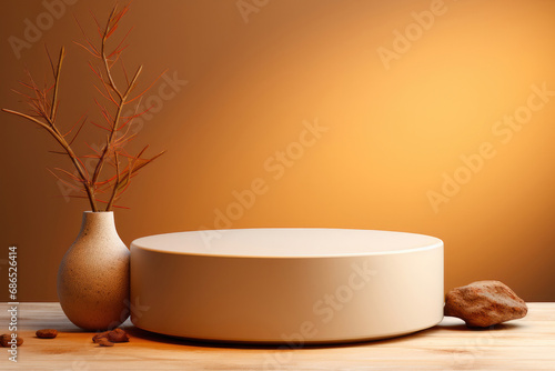 Round podium on a yellow background with stones and a branch in a vase for the presentation of goods or cosmetics
