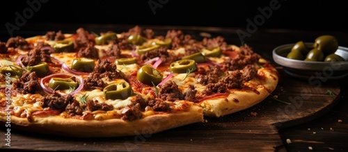 Beefy homemade pizza with onions and pickles.