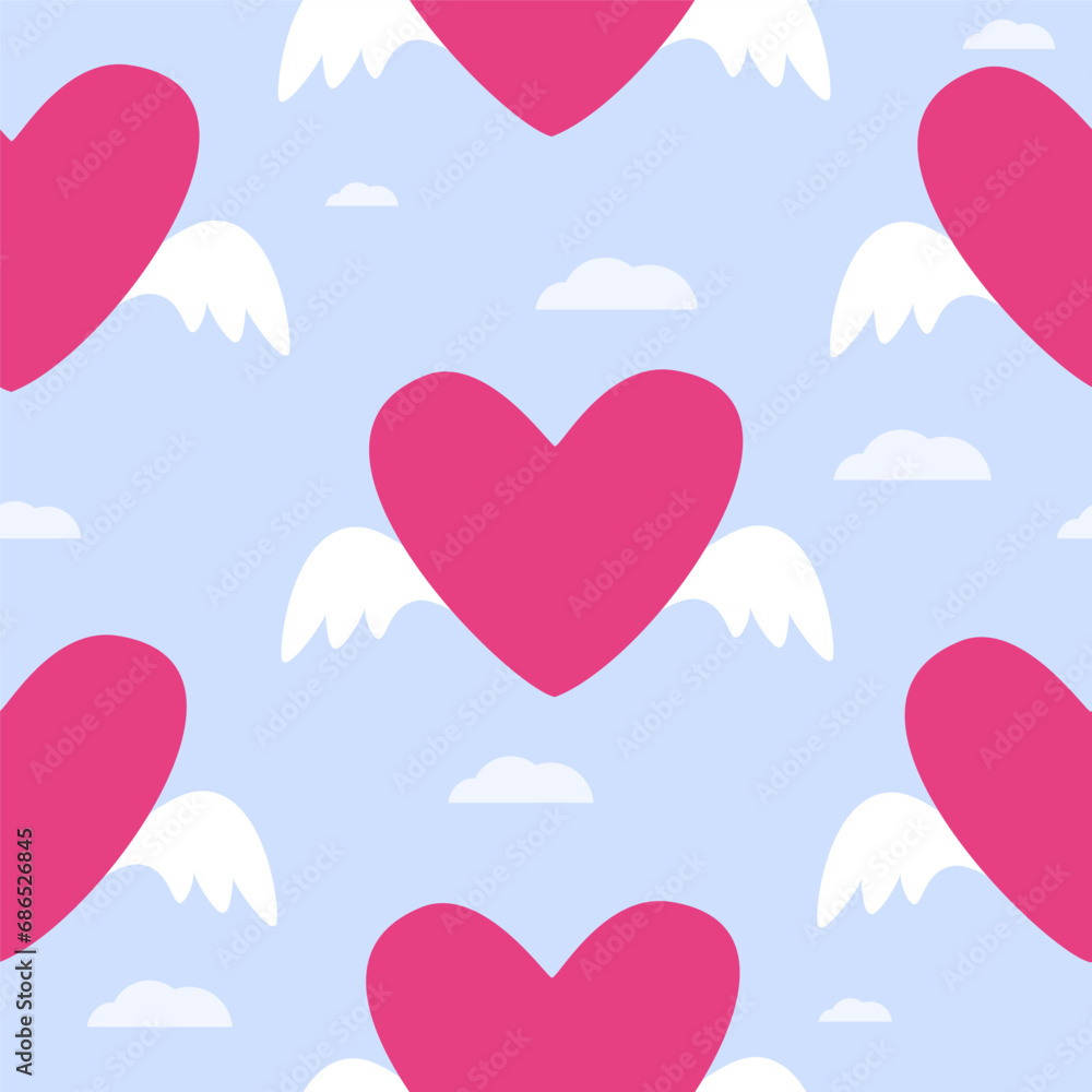 Seamless pattern with heart for Valentine's Day. Red heart with wings. Vector illustration.
