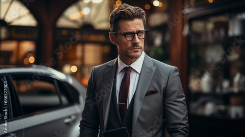 A businessman in an expensive gray suit and glasses near his car.