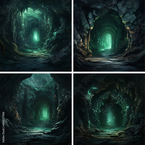 fantasy forest landscape dark background nature tree light mysterious night green magic cave 