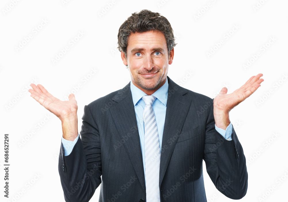 Portrait of business man, palm and choice, comparison or balance scale isolated on white studio background. Face, shrug or confused professional with decision, doubt and hand gesture, why or question Portrait of business man, palm and choice, comparison or balance scale isolated on white studio background. Face, shrug or confused professional with decision, doubt and hand gesture, why or question
